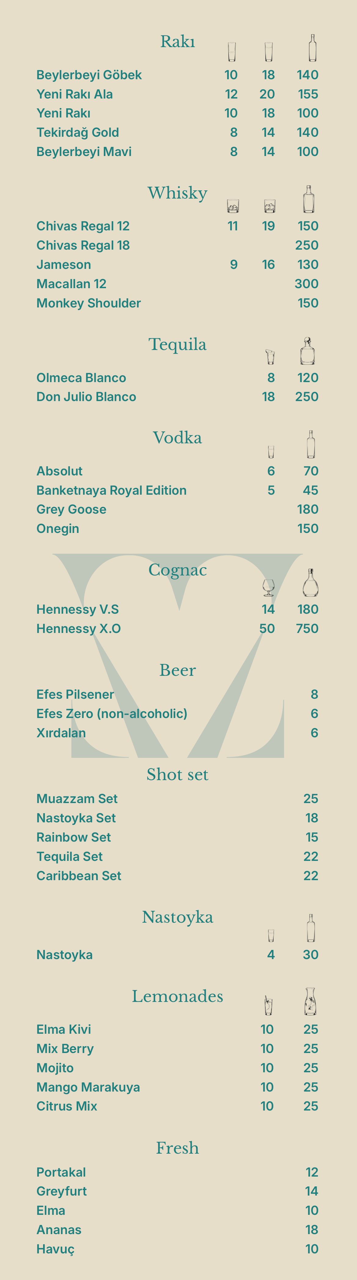 Rakı, whisky, tequila, vodka, cognac, beer, shot set, nastoyka, lemonades, fresh