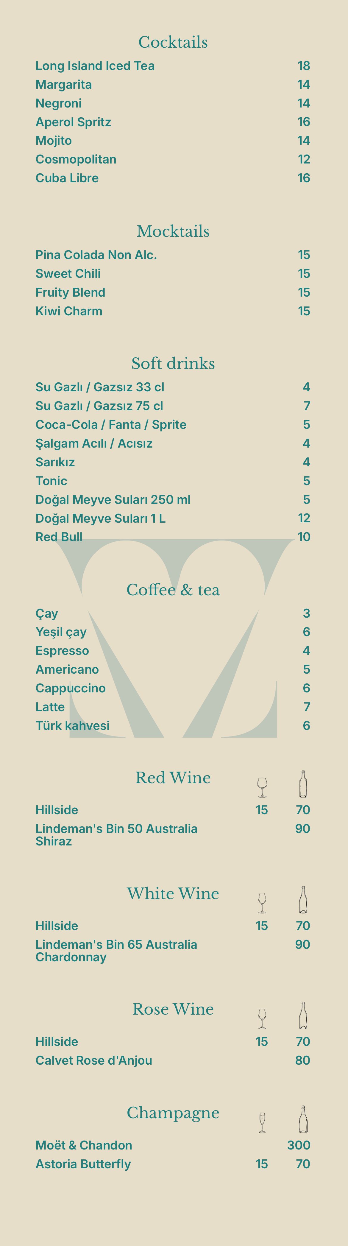 Cocktails, mocktails, soft drinks, coffee və tea, şərab, şampan