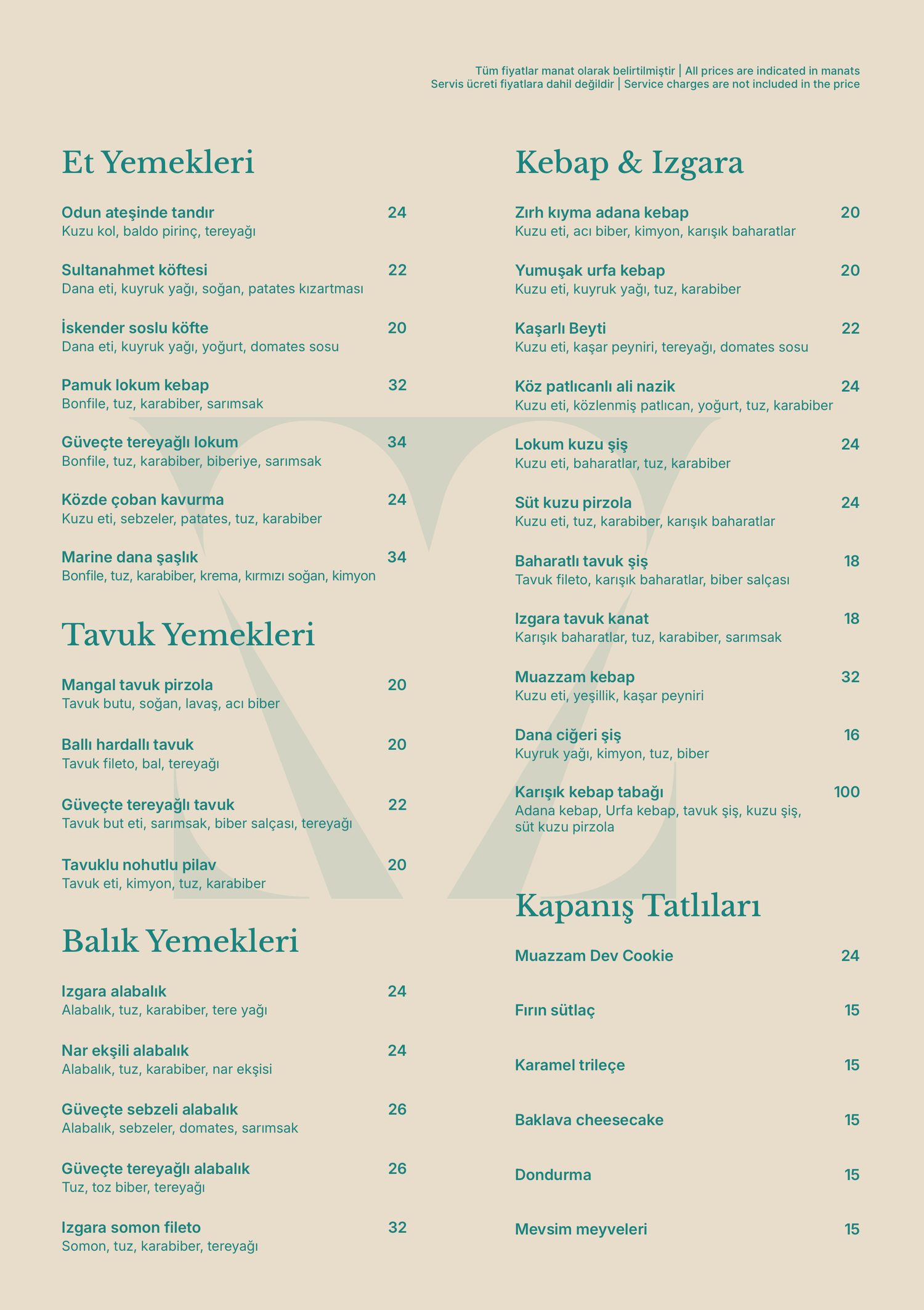 Et yemekleri, Kebap və ızgara, Tavuk və balık yemekleri, Kapanış tatlıları